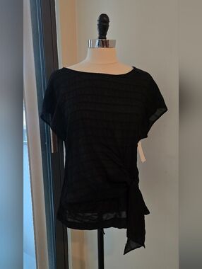 Max Studio London Black Short-Sleeve Sheer Tie-Detail Women's Top Size S